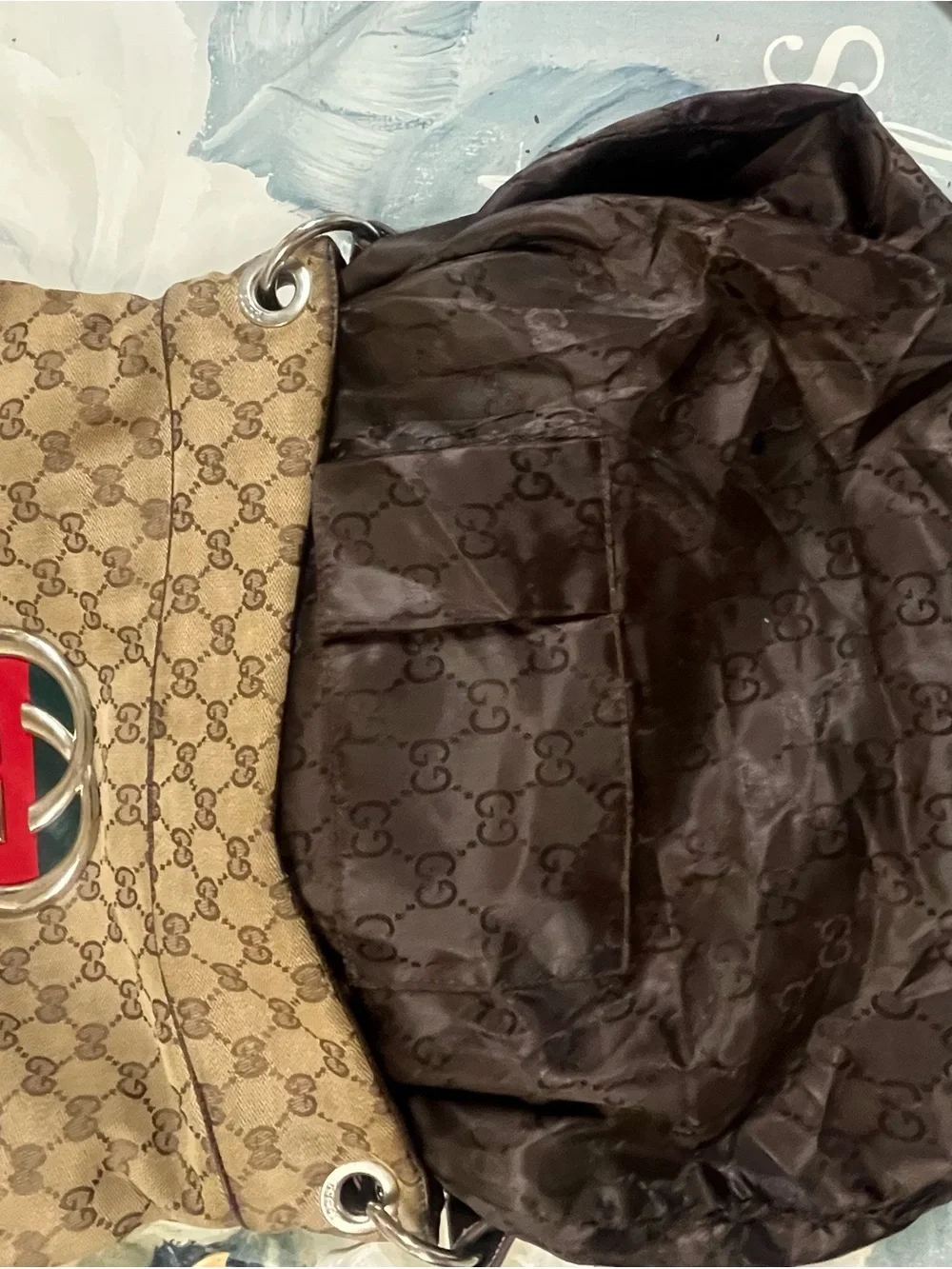 Gucci Beige GG Canvas Hobo with Brown Leather and Red-Green Web Accent